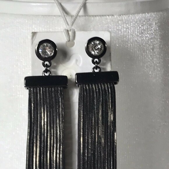 Soo Inh Kim Laine Pierced Post Earrings Black Chain Tassel Fringe Rhinestone - Picture 2 of 7